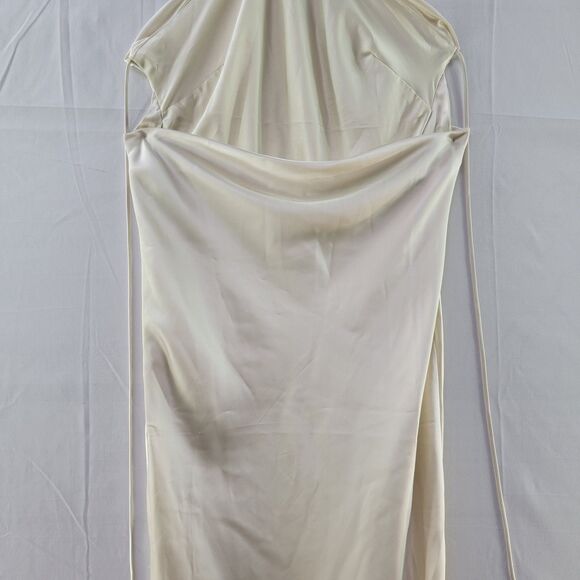 NWT MESHKI Ivana Ivory Sand Satin Halter Slinky Backless Mini Dress Tieback M - Picture 7 of 12